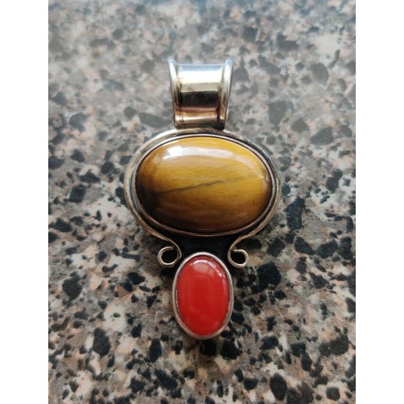 CII MEXICO 925 Silver - Vintage Smooth Tiger's Eye & Carnelian 2" Pendant Wow!